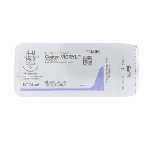 MON114235BX - J & J Healthcare Systems - Absorbable Suture with Needle Coated Vicryl&trade; Polyglactin 910 PS-2 3/8 Circle Precision Reverse Cutting Needle Size 4 - 0 Braided