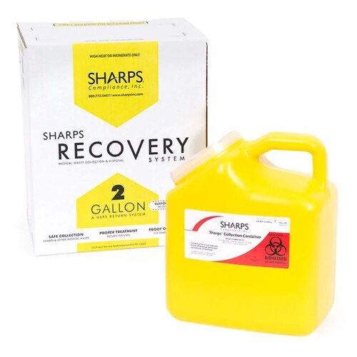 MON1143522EA - Sharps Compliance - Sharps Compliance Mailback Chemotherapy Container Sharps Recovery System Yellow Base 9 L X 6 W X 11 H Inch Vertical Entry 2 Gallon