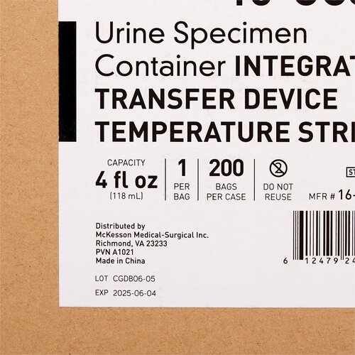 MON1151455CS - McKesson - McKesson Urine Specimen Container with Integrated Transfer Device 120 mL (4 oz.) Screw Cap Patient Information Sterile, 200/CS
