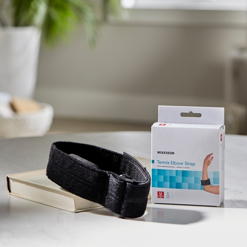 MON1159089EA - McKesson - Elbow Support Strap, One Size Fits Most, Hook and Loop with D Ring, Tennis/Golf, Left or Right Elbow, Up to 18" Circumference, Black