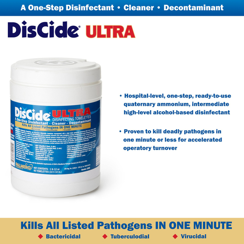 MON1159344CN - Palmero - DisCide&reg; Ultra Surface Disinfectant Cleaner Premoistened Quaternary Based Manual Pull Wipe 60 Count Canister Herbal Scent NonSterile