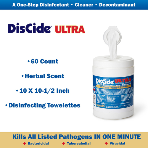 MON1159344CN - Palmero - DisCide&reg; Ultra Surface Disinfectant Cleaner Premoistened Quaternary Based Manual Pull Wipe 60 Count Canister Herbal Scent NonSterile
