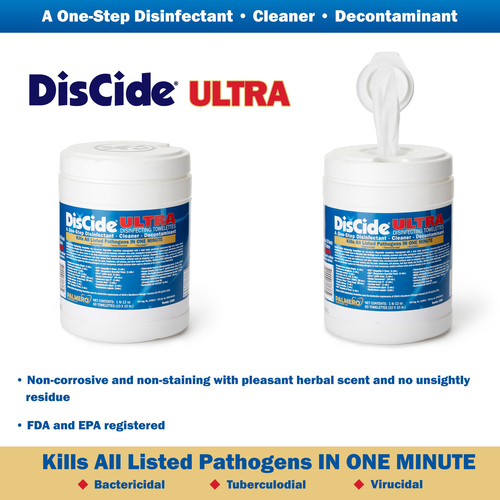 MON1159344CN - Palmero - DisCide&reg; Ultra Surface Disinfectant Cleaner Premoistened Quaternary Based Manual Pull Wipe 60 Count Canister Herbal Scent NonSterile