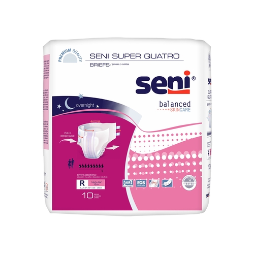 Seni Super Quatro Unisex Adult Incontinence Brief, Regular Disposable,  Heavy Absorbency, 10 EA/PK - Tzmo S-RE10-BQ1 PK - Betty Mills