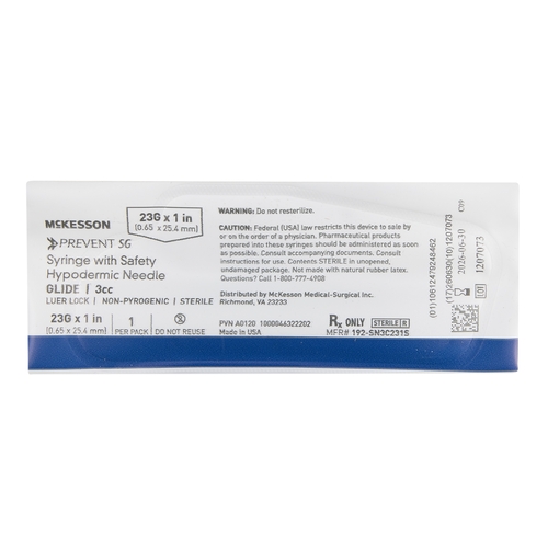 MON1168025EA - McKesson - McKesson Syringe with Hypodermic Needle McKesson Prevent SG 3 mL 23 Gauge 1 Inch Regular Wall Sliding Safety Needle, 1/EA
