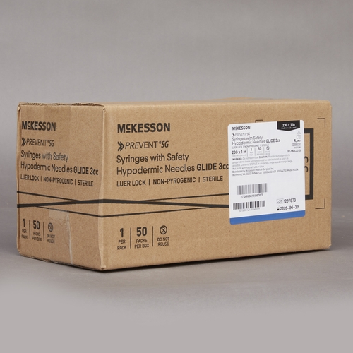 MON1168025EA - McKesson - McKesson Syringe with Hypodermic Needle McKesson Prevent SG 3 mL 23 Gauge 1 Inch Regular Wall Sliding Safety Needle, 1/EA