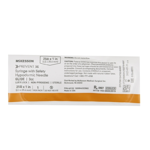 MON1168026CS - McKesson - McKesson Syringe with Hypodermic Needle Prevent&reg; SG 3 mL 25 Gauge 1 Inch Detachable Needle Sliding Safety Needle, 1/EA, 50/BX, 8BX/CS