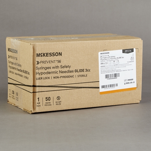 MON1168026CS - McKesson - McKesson Syringe with Hypodermic Needle Prevent&reg; SG 3 mL 25 Gauge 1 Inch Detachable Needle Sliding Safety Needle, 1/EA, 50/BX, 8BX/CS
