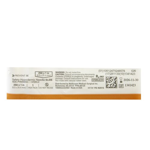 MON1168030EA - McKesson - McKesson Hypodermic Needle McKesson Prevent SG Sliding Safety Needle 25 Gauge 1 Inch Length