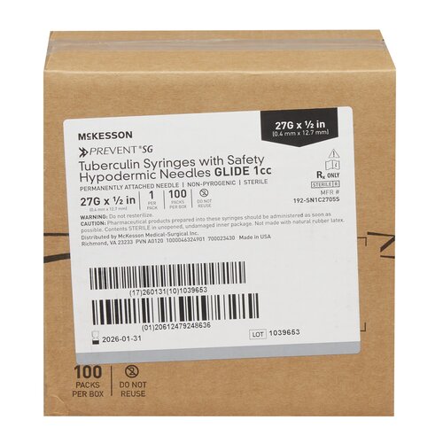 MON1171919CS - McKesson - McKesson Tuberculin Syringe with Needle Prevent&reg; SG 1 mL 27 Gauge 1/2 Inch Attached Needle Sliding Safety Needle / Safety Cap, 100/BX, 4BX/CS