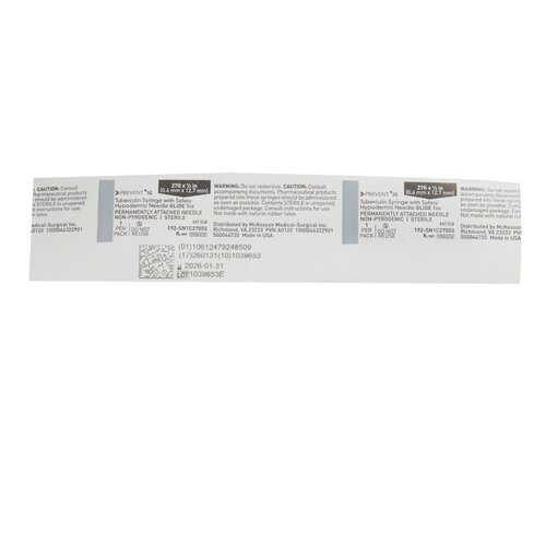MON1171919CS - McKesson - McKesson Tuberculin Syringe with Needle Prevent&reg; SG 1 mL 27 Gauge 1/2 Inch Attached Needle Sliding Safety Needle / Safety Cap, 100/BX, 4BX/CS