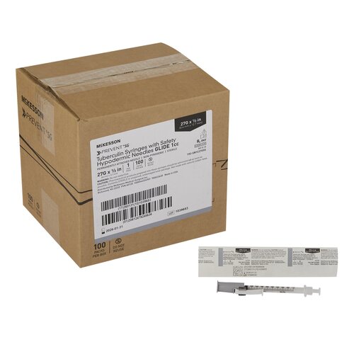 MON1171919CS - McKesson - McKesson Tuberculin Syringe with Needle Prevent&reg; SG 1 mL 27 Gauge 1/2 Inch Attached Needle Sliding Safety Needle / Safety Cap, 100/BX, 4BX/CS