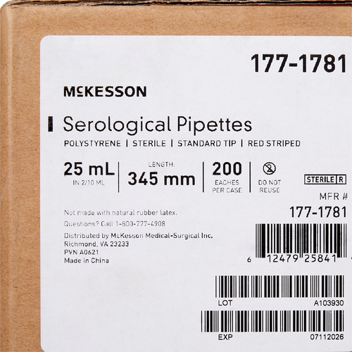 MON1176008CS - McKesson - Serological Pipette 25 mL 0.2 mL Graduation Increments / 10 mL Negative Graduations Sterile, 200/CS