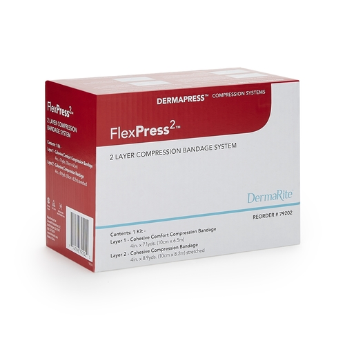 MON1178931EA - Dermarite - 2 Layer Compression Bandage System FlexPress2 4 Inch X 7-1/10 Yard / 4 Inch X 8-9/10 Yard Standard Compression Self-adherent Closure Tan / White NonSterile, 1/EA