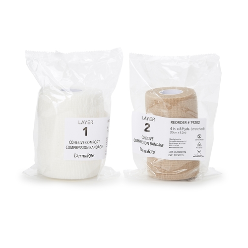 MON1178931EA - Dermarite - 2 Layer Compression Bandage System FlexPress2 4 Inch X 7-1/10 Yard / 4 Inch X 8-9/10 Yard Standard Compression Self-adherent Closure Tan / White NonSterile, 1/EA