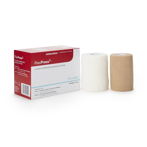 MON1178931EA - Dermarite - 2 Layer Compression Bandage System FlexPress2 4 Inch X 7-1/10 Yard / 4 Inch X 8-9/10 Yard Standard Compression Self-adherent Closure Tan / White NonSterile, 1/EA