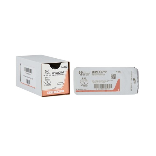 MON1185833BX - J & J Healthcare Systems - J & J Healthcare Systems Absorbable Suture with Needle Monocryl Poliglecaprone PS-2 3/8 Circle Precision Reverse Cutting Needle Size 5 - 0 Monofilament