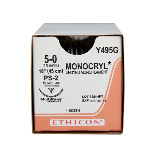 MON1185833BX - J & J Healthcare Systems - J & J Healthcare Systems Absorbable Suture with Needle Monocryl Poliglecaprone PS-2 3/8 Circle Precision Reverse Cutting Needle Size 5 - 0 Monofilament
