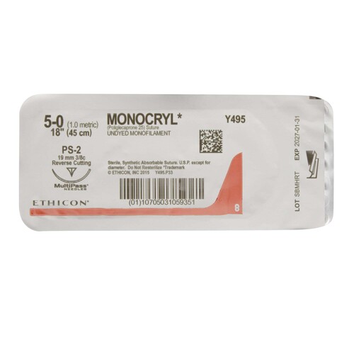 MON1185833BX - J & J Healthcare Systems - J & J Healthcare Systems Absorbable Suture with Needle Monocryl Poliglecaprone PS-2 3/8 Circle Precision Reverse Cutting Needle Size 5 - 0 Monofilament