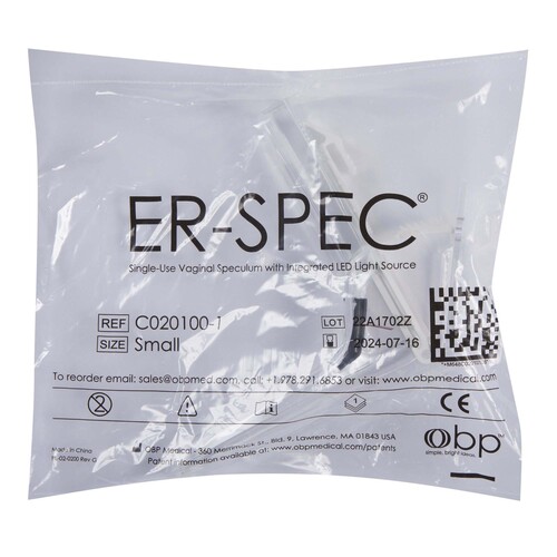 MON1198181BX - Cooper Surgical - Cooper Surgical Vaginal Speculum ER-SPEC Pederson NonSterile Office Grade Acrylic Small Double Blade Duckbill Disposable Built-In Light Source