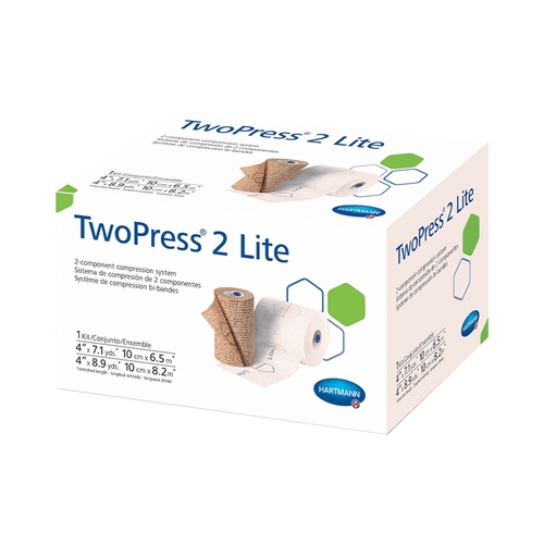 MON1198254CS - Hartmann - Hartmann 2 Layer Compression Bandage System with Visible Indicators TwoPress 2 Lite 4 Inch X 7.1 Yard / 4 Inch X 8.9 Yard Standard Compression Self-adherent Closure Tan / White NonSterile, 8/CS