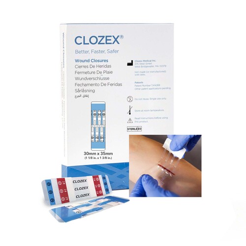 MON1210024BX - Clozex Medical - Clozex Medical Skin Closure Device Clozex 1-1/8 X 1-3/8 Inch Polyurethane, Polyester, Medical Grade Acrylic Interlaced Closure Strip Clear
