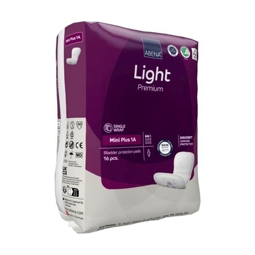 MON1218256CS - Abena - Bladder Control Pad Abena Premium Light Mini Plus 3.9 X 11 Inch Light Absorbency Fluff / Polymer Core Size 1A, 256 EA/CS