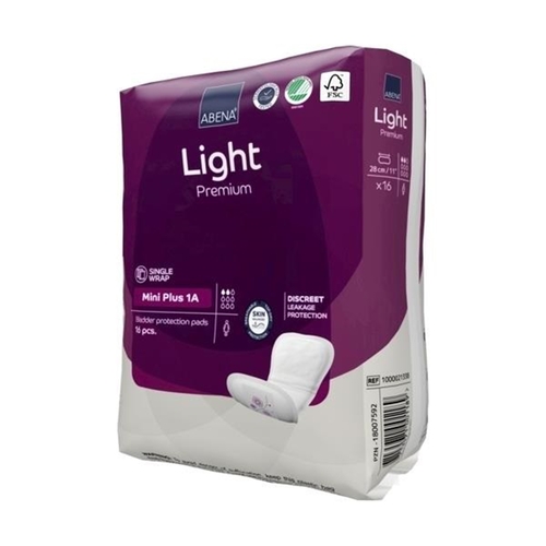 MON1218256CS - Abena - Bladder Control Pad Abena Premium Light Mini Plus 3.9 X 11 Inch Light Absorbency Fluff / Polymer Core Size 1A, 256 EA/CS