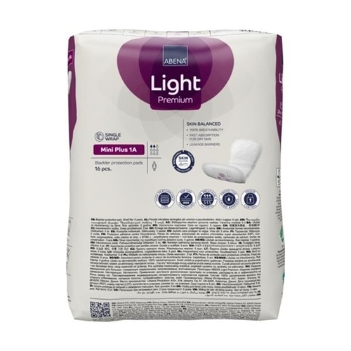 MON1218256CS - Abena - Bladder Control Pad Abena Premium Light Mini Plus 3.9 X 11 Inch Light Absorbency Fluff / Polymer Core Size 1A, 256 EA/CS