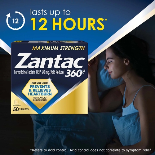 MON1230702BT - Sanofi Pasteur - Antacid Zantac 360&deg;&reg; Maximum Strength 20 mg Strength Tablet 50 per Bottle