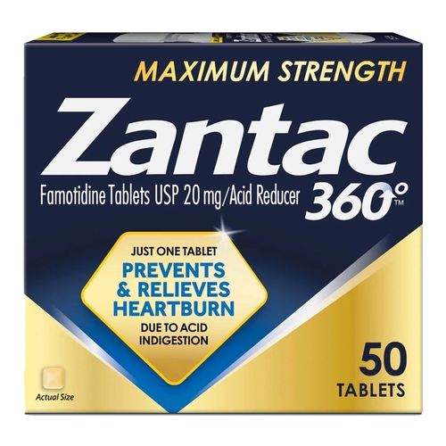 MON1230702BT - Sanofi Pasteur - Antacid Zantac 360&deg;&reg; Maximum Strength 20 mg Strength Tablet 50 per Bottle