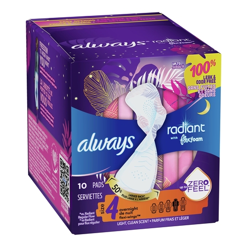 Always Radiant Size 4 Overnight Pads with Wings - 10s