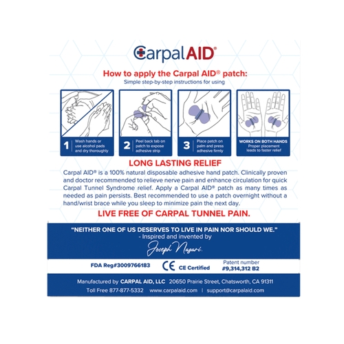 MON1233611CS - Carpal AID LLC - Carpal AID LLC Carpal AID Patch Hand-Based Carpal Tunnel Support, Plastic, Left or Right Hand, Clear, Small, 20/PK, 48PK/CS