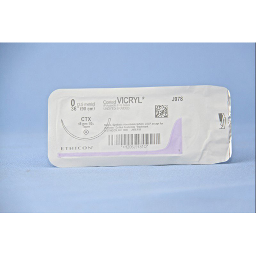 MON142738BX - J & J Healthcare Systems - J & J Healthcare Systems Absorbable Suture with Needle Coated Vicryl Polyglactin 910 CTX 1/2 Circle Taper Point Needle Size 0 Braided