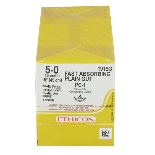 MON153825BX - J & J Healthcare Systems - Suture with Needle Fast Absorbing Absorbable Uncoated Undyed Suture Plain Gut Size 5 - 0 18 Inch Suture 1-Needle 13 mm Length 3/8 Circle Precision Cosmetic - Conventional Cutting PRIME Needle, 12/BX
