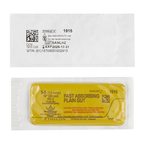 MON153825BX - J & J Healthcare Systems - Suture with Needle Fast Absorbing Absorbable Uncoated Undyed Suture Plain Gut Size 5 - 0 18 Inch Suture 1-Needle 13 mm Length 3/8 Circle Precision Cosmetic - Conventional Cutting PRIME Needle, 12/BX