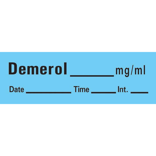 MON184638RL - PDC Healthcare - PDC Healthcare Drug Label Timemed Anesthesia Label Tape Demerol_mg/mL Date_Time_Int_ Blue 1/2 X 1-1/2 Inch