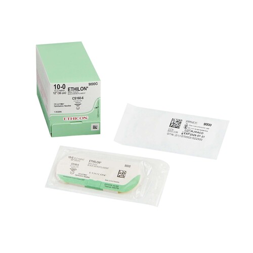 MON190480BX - J & J Healthcare Systems - J & J Healthcare Systems Nonabsorbable Suture with Needle Ethilon Nylon CS160-6 1/2 Circle Opthalmic Spatula Needle Size 10 - 0 Monofilament