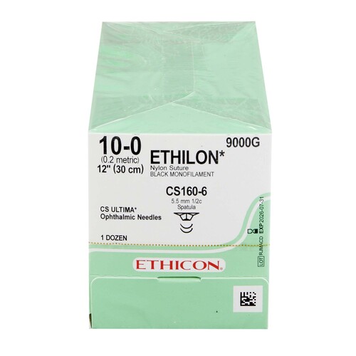 MON190480BX - J & J Healthcare Systems - J & J Healthcare Systems Nonabsorbable Suture with Needle Ethilon Nylon CS160-6 1/2 Circle Opthalmic Spatula Needle Size 10 - 0 Monofilament