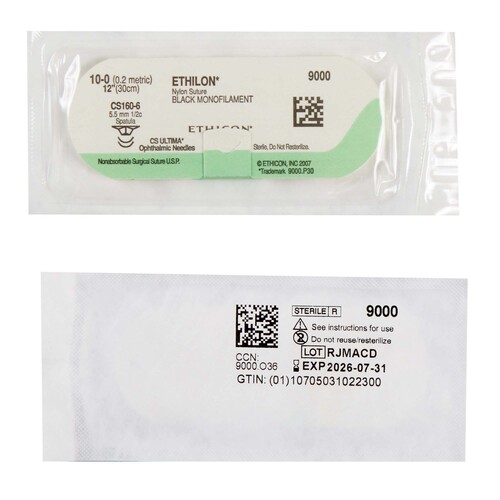 MON190480BX - J & J Healthcare Systems - J & J Healthcare Systems Nonabsorbable Suture with Needle Ethilon Nylon CS160-6 1/2 Circle Opthalmic Spatula Needle Size 10 - 0 Monofilament