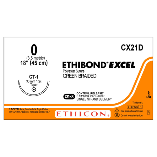 MON197067BX - J & J Healthcare Systems - Nonabsorbable Suture with Needle Ethibond Polyester CT-1 1/2 Circle Taper Point Needle Size 0 Braided