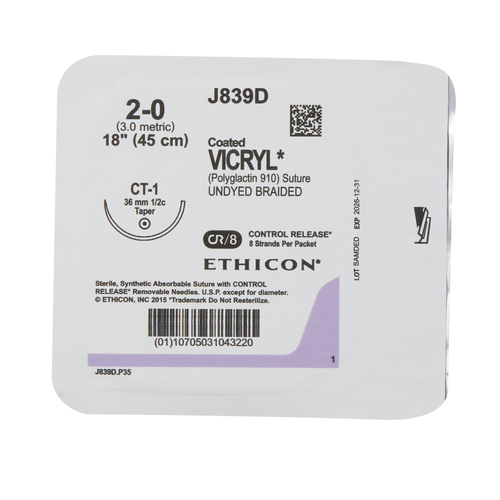 MON207350BX - J & J Healthcare Systems - Absorbable Suture with Needle Coated Vicryl&trade; Polyglactin 910 CT-1 1/2 Circle Taper Point Needle Size 2 - 0 Braided