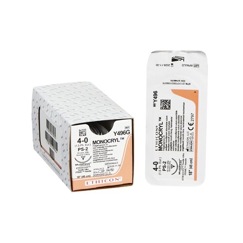 MON217156BX - J & J Healthcare Systems - Absorbable Suture with Needle Monocryl Poliglecaprone PS-2 3/8 Circle Precision Reverse Cutting Needle Size 4 - 0 Monofilament, 12 per Box