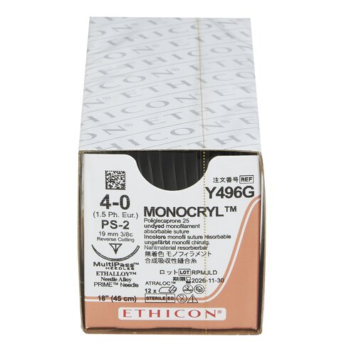 MON217156BX - J & J Healthcare Systems - Absorbable Suture with Needle Monocryl Poliglecaprone PS-2 3/8 Circle Precision Reverse Cutting Needle Size 4 - 0 Monofilament, 12 per Box