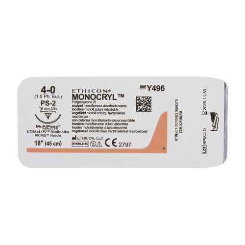 MON217156BX - J & J Healthcare Systems - Absorbable Suture with Needle Monocryl Poliglecaprone PS-2 3/8 Circle Precision Reverse Cutting Needle Size 4 - 0 Monofilament, 12 per Box