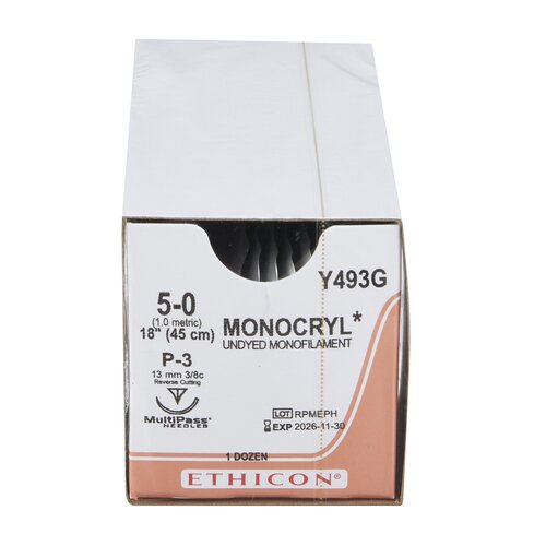 MON217157BX - J & J Healthcare Systems - Absorbable Suture with Needle Monocryl&trade; Poliglecaprone P-3 3/8 Circle Precision Reverse Cutting Needle Size 5 - 0 Monofilament