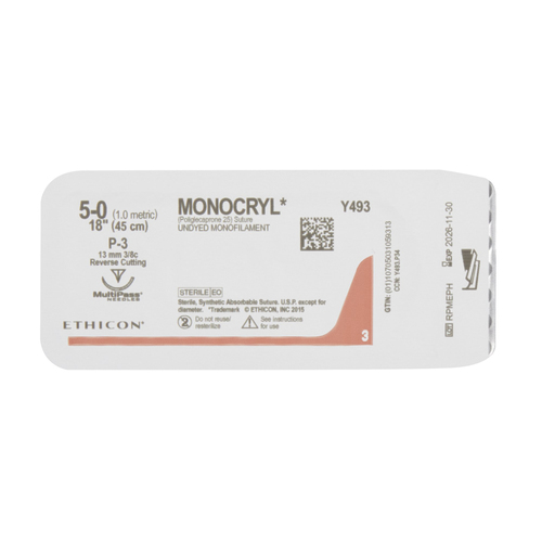 MON217157BX - J & J Healthcare Systems - Absorbable Suture with Needle Monocryl&trade; Poliglecaprone P-3 3/8 Circle Precision Reverse Cutting Needle Size 5 - 0 Monofilament
