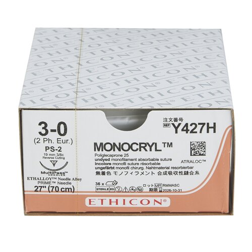 MON217158BX - J & J Healthcare Systems - Absorbable Suture with Needle Monocryl&trade; Poliglecaprone PS-2 3/8 Circle Precision Reverse Cutting Needle Size 3 - 0 Monofilament