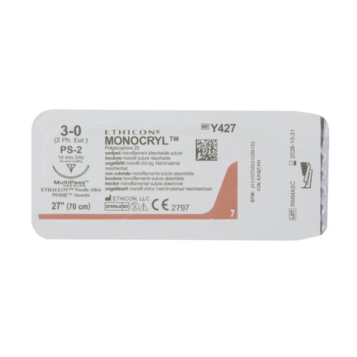 MON217158BX - J & J Healthcare Systems - Absorbable Suture with Needle Monocryl&trade; Poliglecaprone PS-2 3/8 Circle Precision Reverse Cutting Needle Size 3 - 0 Monofilament