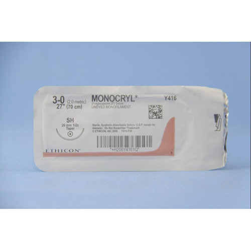MON217663BX - J & J Healthcare Systems - Absorbable Suture with Needle Monocryl Poliglecaprone SH 1/2 Circle Taper Point Needle Size 3 - 0 Monofilament, 36 per Box